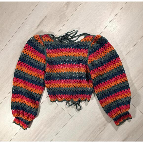 Zara Tops - NWT Zara Cropped Crochet Long Sleeve Knit Open-Back Top Multicolored Size S